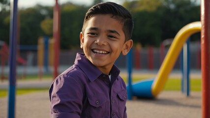 kid hispanic male in purple shirt on playground model portrait giggling for ad concept space for text