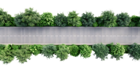 Aerial view of straight asphalt road isolated on white background PNG .AI GENERATED
