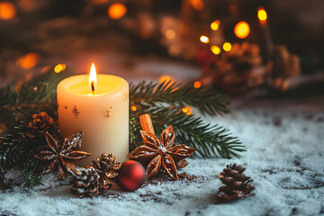 A candle in the center of winter decor, surrounded by pine cones and fir branches. In the background, blurry lights create a soft and cozy mood. winter evening and holiday eve. New Year. bokeh