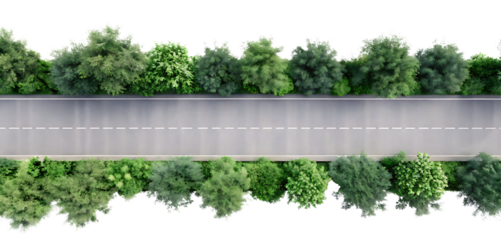 Aerial view of straight asphalt road isolated on white background PNG .AI GENERATED