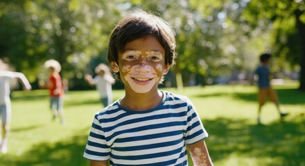 Hispanic young boy with vitiligo smiling in park, celebrating diversity and childhood joy