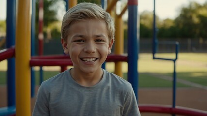 Fototapeta premium kid caucasian male in gray shirt on playground model portrait giggling for ad concept space for text