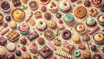 Vintage Sweets Dessert Seamless Pattern Background, Retro Candy Wallpaper,  Nostalgic Pastry Texture