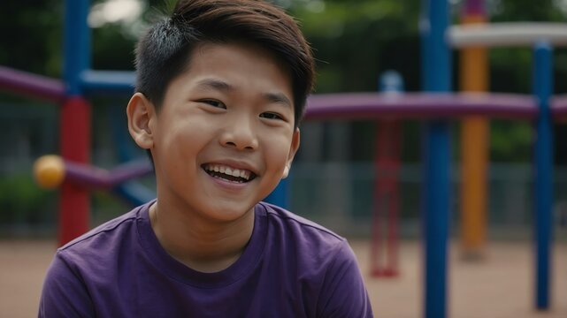 kid asian male in purple shirt on playground model portrait giggling for ad concept space for text