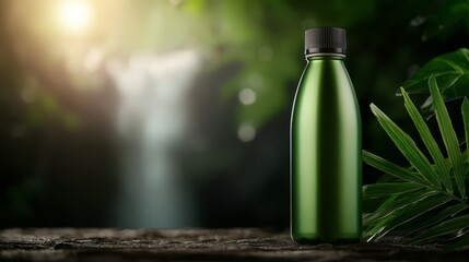 A green water bottle sitting on top of a wooden table