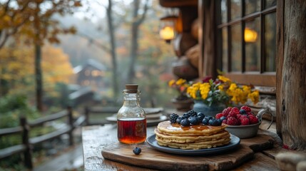 Delicious pancakes topped with fresh berries and syrup on a rustic wooden table