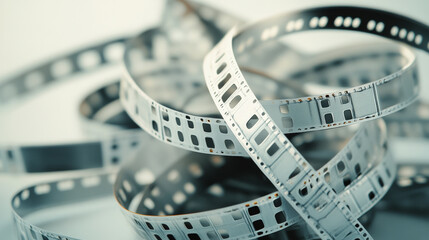 A tangled coil of film strips, representing the classic art form of cinema and storytelling, with perforated edges and transparent frames.