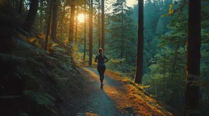 Woman jogging along a forest path surrounded by lush greenery and autumn foliage