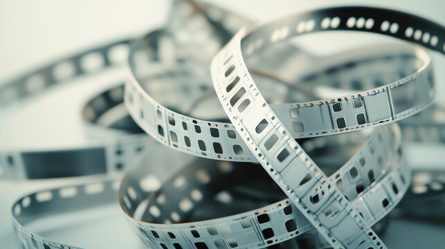 A tangled coil of film strips, representing the classic art form of cinema and storytelling, with perforated edges and transparent frames.
