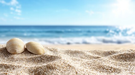 Obraz premium Two seashells on a sandy beach with the ocean in the background
