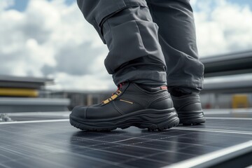 Fototapeta premium An engineer is seen mounting solar photovoltaic panels on a house roof. The close-up shot captures the technician utilizing a hex key to install the solar module system, emphasizing the idea of