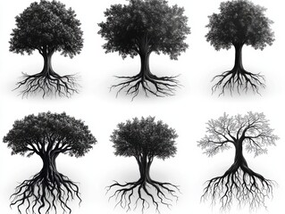 Fototapeta premium Set of six black and white illustrations of trees with detailed roots on a white background