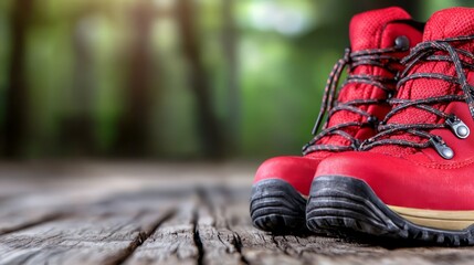 A pair of red hiking boots sitting on top of a wooden table