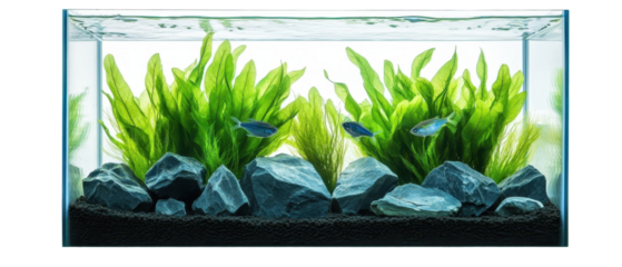 Vibrant aquarium with plants and fish. transparent background