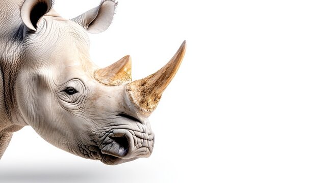 A close up of a white rhino on a white background