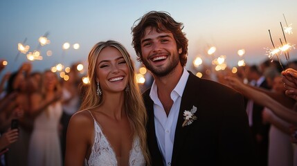Joyful couple celebrating wedding with sparklers at night surrounded by guests
