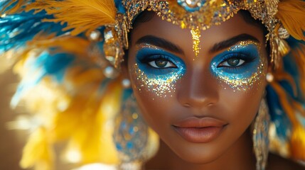 Stunning portrait of a dancer adorned with vibrant feathers and glittering makeup