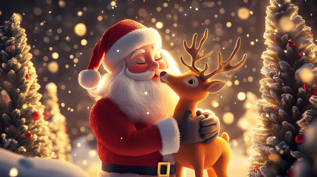 A joyful santa claus embraces a cheerful reindeer amidst festive trees, perfect for holiday-themed projects and decorations. Embrace. Illustration