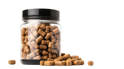 Glass jar filled with pet food pellets. transparent background