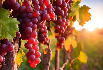 Vine grapes on tree at sunset