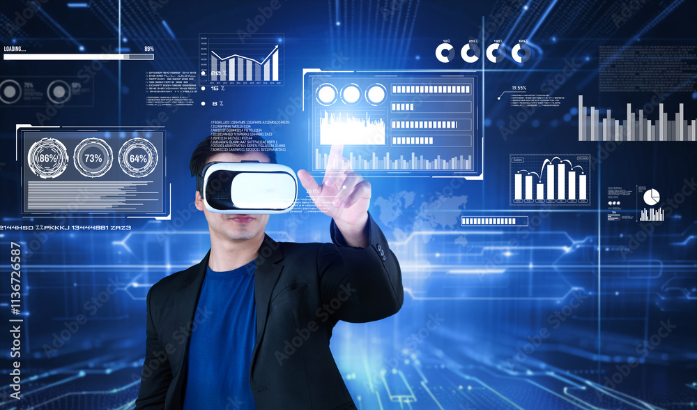 Poster smart business man with goggles working while using ai technology. manager accessing at global netwo