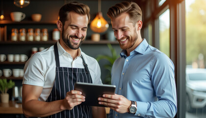 Obraz premium Happy Business Partners Collaborating in a Cafe