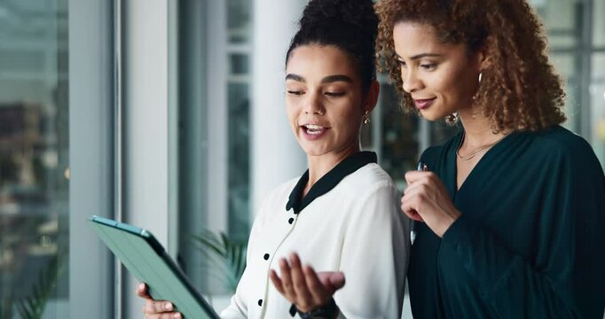 Teamwork, tablet and feedback with business people in office for report, planning and bookkeeping record. Budget proposal, accountant and research with women in corporate firm for growth and admin