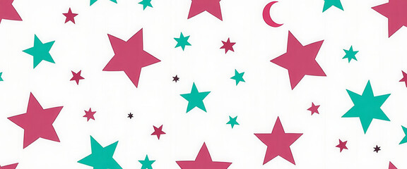 A starry sky with a blue moon. The stars are in different sizes and colors, and the moon is in the middle of the sky