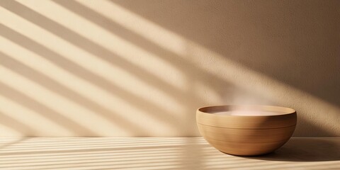 A minimalistic wooden bowl releasing steam in soft, natural light with shadow lines.