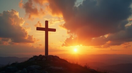 wooden cross standing tall on a hilltop during sunset, with rays of light illuminating the cross, symbolizing hope