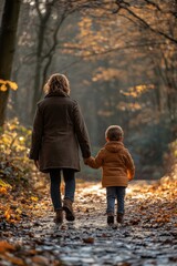 Fototapeta premium Mother and child walk hand in hand through autumn forest with vibrant orange leaves
