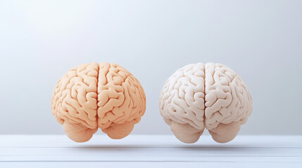 Two detailed brain models side by side, with differing colors, displayed on a white surface against a neutral background, showcasing anatomical features.