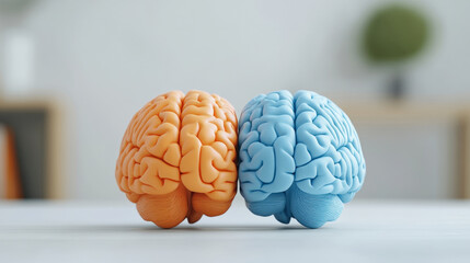 Two colorful brain models, one orange and one blue, are placed side by side on a white surface, symbolizing dual perspectives or collaboration.