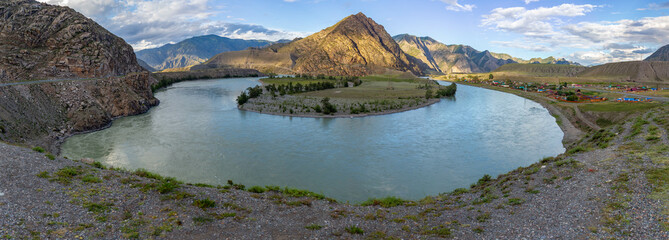 Beautiful view from the Chuisky tract (or Chuya Highway) to the Katun river. Chuisky tract (or Chuya Highway), Altai republic, Russia