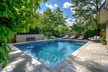 Beautiful pool in the backyard of an elegant home, surrounded by lush greenery and stone walls. The water is a clear blue with ripples under the sunlight.
