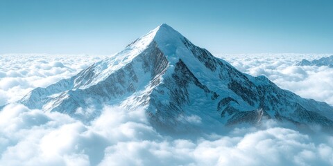 A stunning mountain peak covered in snow towers above a sea of clouds, showcasing its beauty