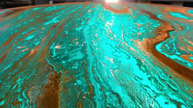 Timelapse video documents a growing metal patina texture featuring turquoise and copper with organic oxidation patterns