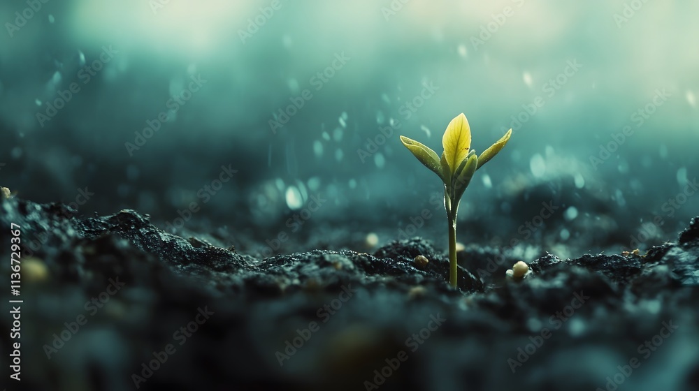 Poster fresh green seedling emerging from dark soil in rainy weather, symbolizing growth and renewal in nat