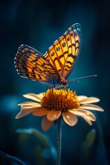 Obraz premium Vibrant butterfly rests on yellow flower blooming in warm sunlight during spring
