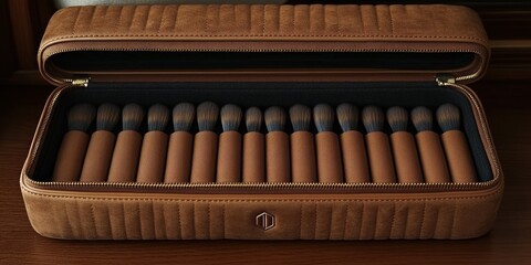 A stylish case displays a variety of makeup brushes, ideal for professional makeup artists