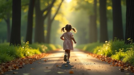 Fototapeta premium a child runs along a path in the forest