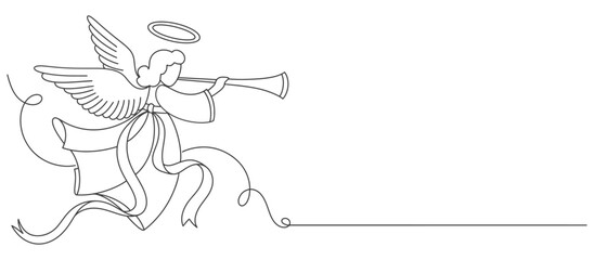 line art drawing of christmas angel. Christmas angel line art .Christmas and religion symbols isolated on white. Angel trumpets  silhouette