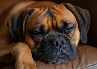Obraz premium A relaxed dog sleeps soundly on a comfy leather couch, enjoying a peaceful moment indoors