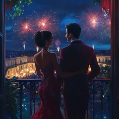 Fototapeta premium A Serene Balcony Night Wrapped in Romance and Fireworks