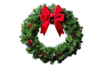 A Christmas wreath with a red ribbon and bow, isolated on a transparent background, perfect for holiday, decoration, or festive-themed designs.