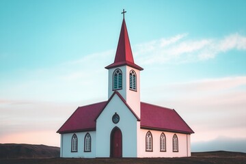 Fototapeta premium Flatey, Iceland, features the white Lutheran church Flateyjarkirkja, with a foreground meadow, a sea fjord, and dark blue sky with mountains in the background