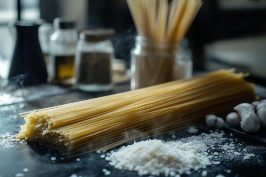 Fresh homemade Italian spaghetti pasta close up with ingredients around against kitchen recipe background, cooking concept.