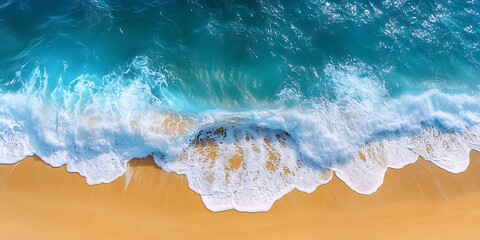 Fototapeta premium Pristine ocean waves with light foam meeting a smooth, golden beach, viewed from a high aerial angle.