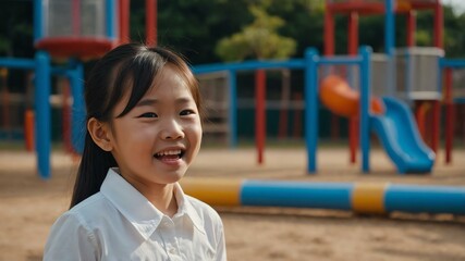 Obraz premium kid asian female in white shirt on playground model portrait giggling for ad concept space for text