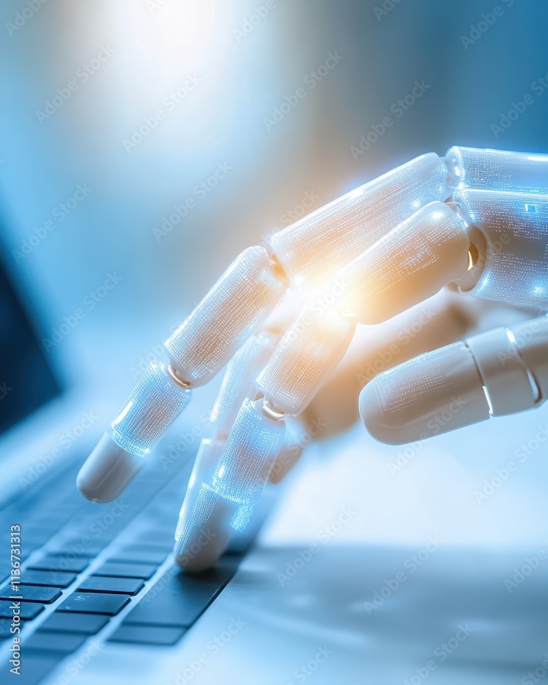 Poster innovative hand of a robot interacts with laptop showcasing ai advancements in technology